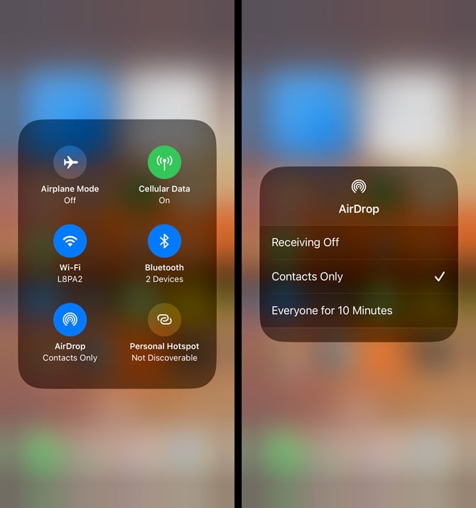 Two screenshots of iOS Control Center. On the left, the Communications widget shows from the upper left: an airplane, a cellular beacon, a wifi signal and a Bluetooth. The second screenshot shows an expanded communications widget which adds an AirDrop icon and personal hotspot icon in a third row. In the third screenshow, you see the AirDrop options of Receiving Off, Contacts Only (with a check mark), and Everyone for 10 Minutes. 