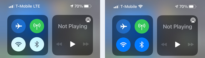 Two screenshots of the iOS Control Center. The screenshot on the left shows the communications widget on the left with the WiFi and Bluetooth icons with a white backgoungs. The screenshot on the right show the communications widget on the left with the WiFi and Bluetooth icons with a blue background.