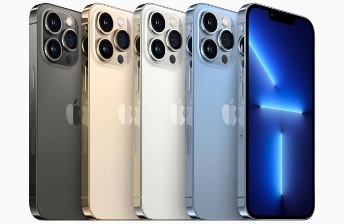 iPhone 13 Pro backs in slate gray, gold, silver, and saphire blue and the front in saphire blue.