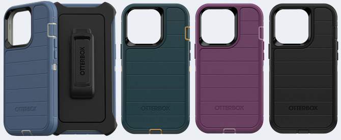 OtterBox Defender Series Pro shown from the left in blue with a shot of the back and belt clip, green, purple and black.