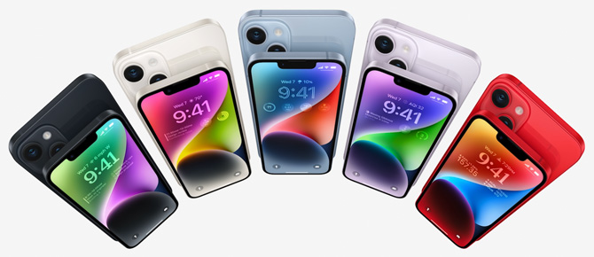 iPhone 14 and 14 Plus in colors (from the left): black, silver, light blue, light purple, and red.