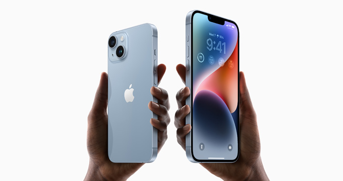 iPhone 14 and iPhone 14 Plus held in hands