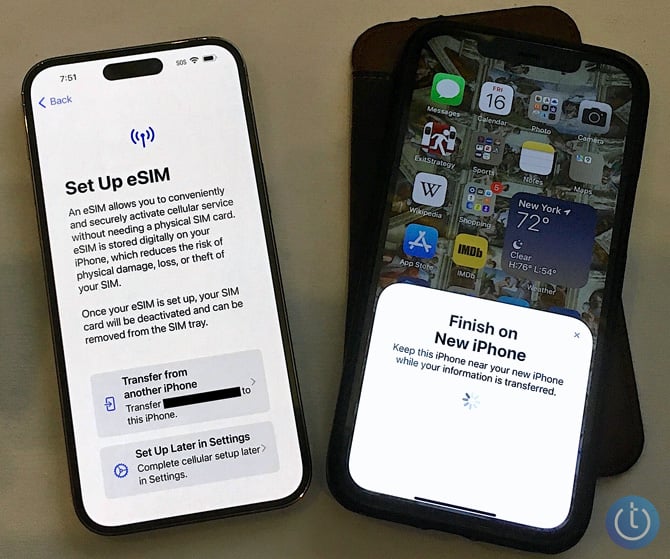 iPhone 14 Pro Max on the left with the Set Up eSIM screen that shows the option to Transfer from another iPhone with the phone number to be transferred to the new phone. On the right you see an iPhone 12 Pro Max with a pop up that says: Finish on New iPhone. 