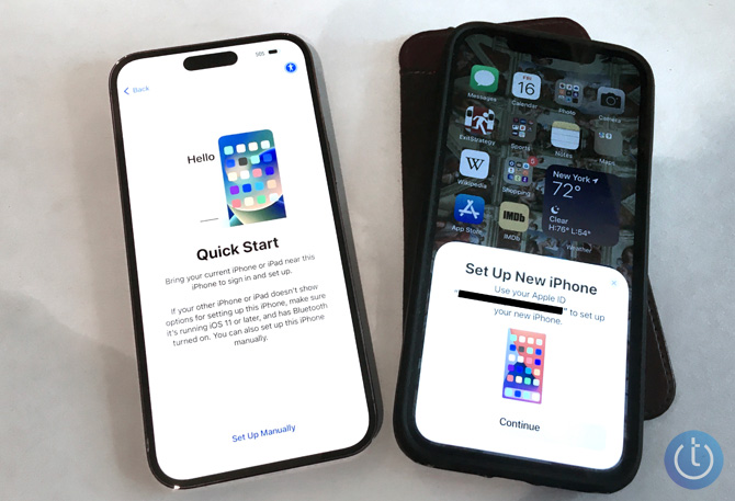 iPhone 14 Pro Max with the Quick Start screen on the left and an iPhone 12 Pro Max with the Set Up New iPhone screen on the right. 