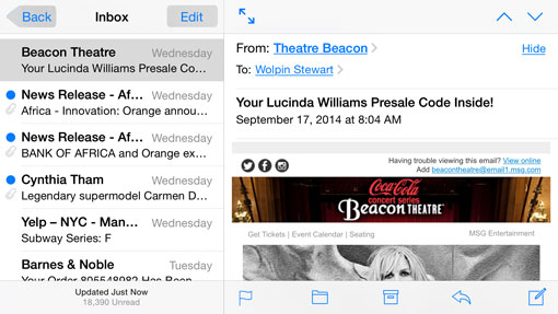 iPhone 6 Plus mail interface