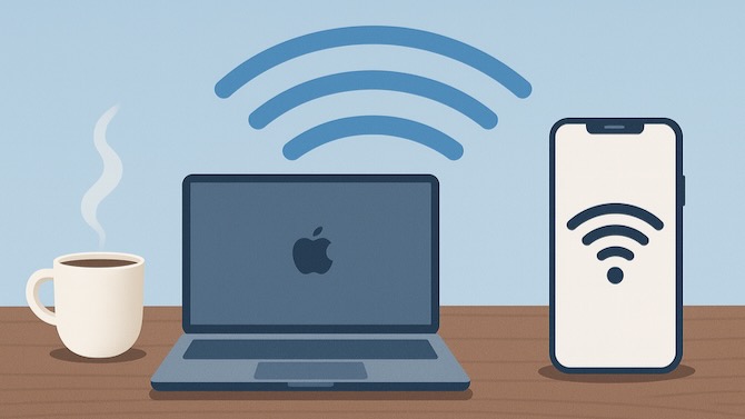 Cartoon of a Mac andiPhone with Wi-Fi signails on screens