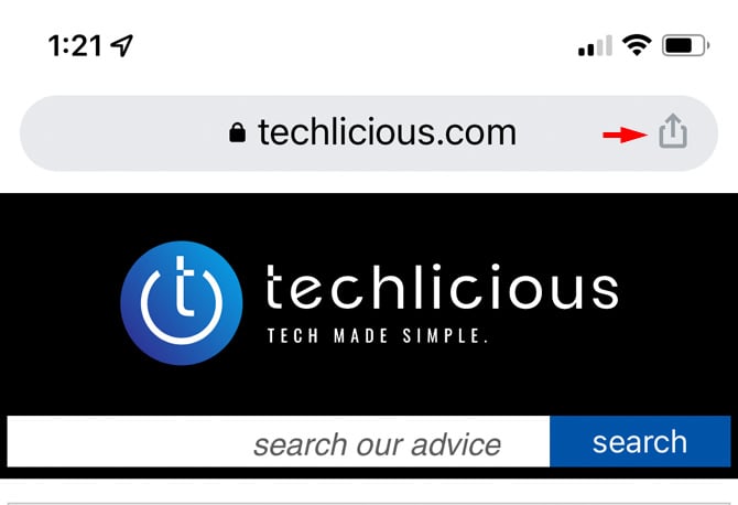 Chrome app on iPhone with the Share button pointed out in the URL bar.