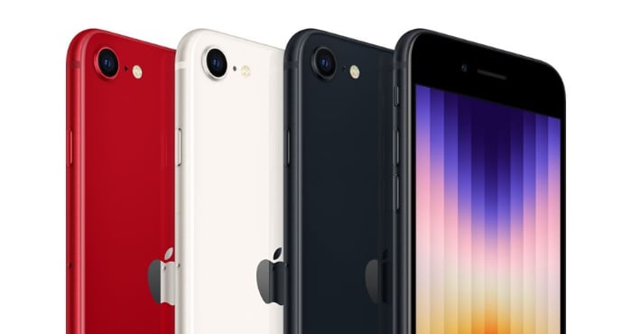 iPhone SE 3rd generation in red, white, and black.