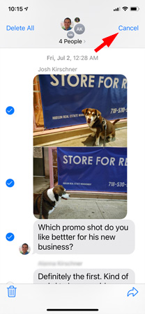 Screenshot of text messages showing dog photos and the option to 