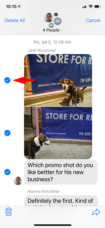 Screenshot of text messages showing dog photos and text with checkmarks next tow three items. One of the checkmarks is pointed out.