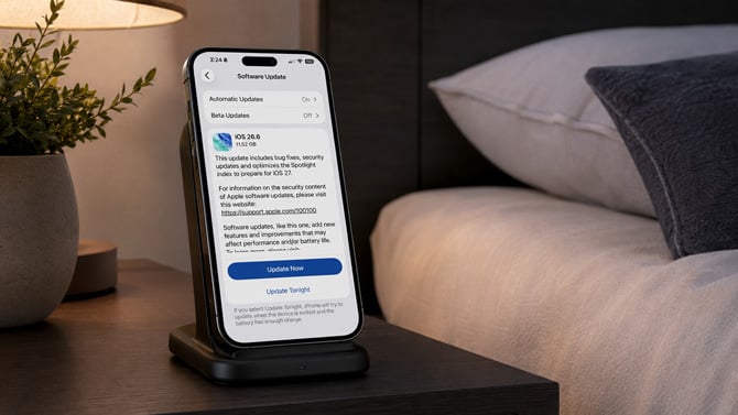 A concept image shows the iOS 26.6 update screen on an iPhone
