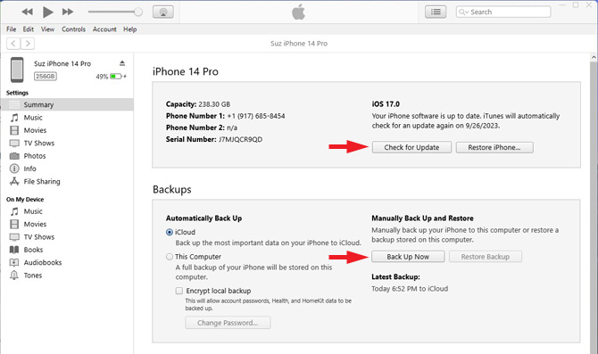 Screenshot of iTunes iPhone backup. On the right under the phone type there is a box showing the current version of iOS and a button with the text check for update, which is pointed out. In the box entitled Backups underneath, in the right column there is an option to manually back up and restore. In that section the button to back up of now is highlighted.