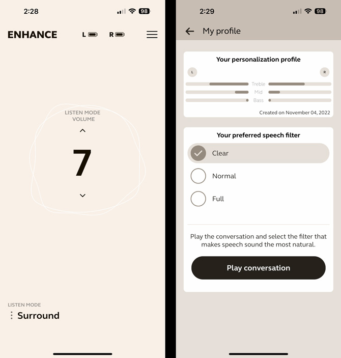 Two screenshots of Jabra app. The screenshot on the left shows the Listen Mode volume at 7 in Surround. The screenshot on the right shows the personalized sound profile and speech filter. Clear is selected. 