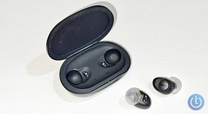 Jabra Enhance Plus with their case on a white background.
