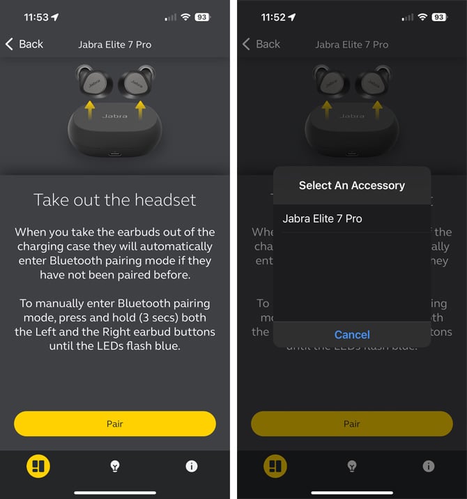 Two screenshots of the Jabra Sound+ app. On the left you see the initial pairing screen fr the Jabra Elite 7 Pro. On the right you see the Jabra Elite 7 Pro in the Select An Accessory pop up.