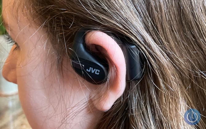 JVC Nearphones HA-NP50T shown worn on ear.
