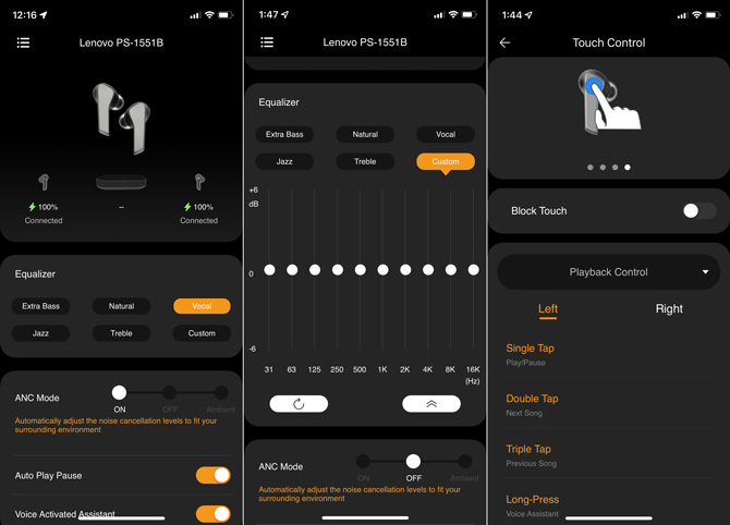 Three screenshots of the Lenovo Smart Wearable App. In the first screenshot on the left, you see a picture of the earbuds at the top with battery percentage for each bud. Underneath you see a equalizer section with Extra Bass, Natural, Vocal (selected),  Jazz, Treble, and Custom. Below in the section ANC Mode, you see it toggled on (other choices are off and Ambient). Below that you see Auto Play Pause toggle on and Voice Activated Assistant toggled on. In the third screenshot you see a diagram of a finger selecting a touch control. Below, you see Block Touch toggled off. In the last box you see Playback Control selected with Left (selected) and Right to select controls for Single Tap, Double Tap, Triple Tap and Long-Press. 