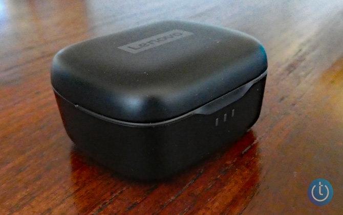 Lenovo Smart Wireless Earbuds case shown three quarters view from the right