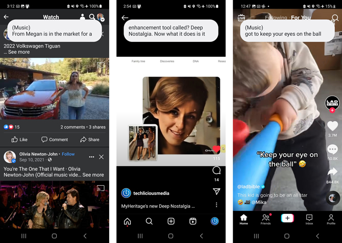 Three screenshots: on the left is Facebook with a caption that says (Music) From Megan is in the market for a. The screenshot in the middle is from Instagram with a caption that says: enhancement tool called? Deep Nostaglia, Now what it does is it. The screenshot on the rights is from TikTok and says (Music) got to keep yor eyes on the ball.