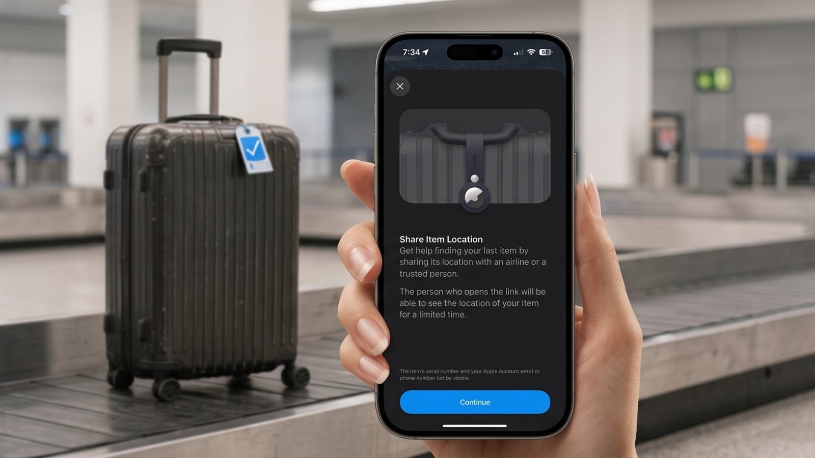Luggage on an airport baggage carousel with an iPhone showing an item's location in Find My