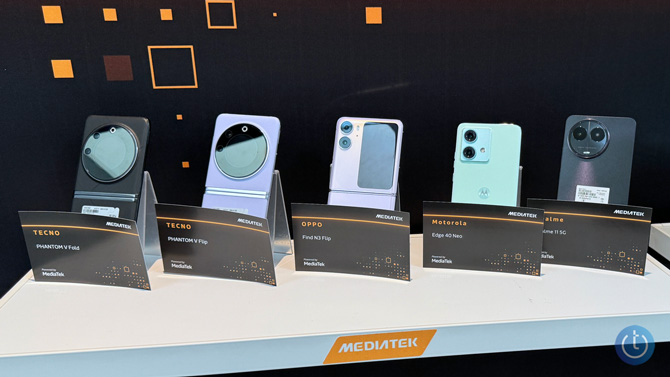Phones that use MediaTek chips from the left: Tecno Phantom V Fold, Tecno Phantom V Flip, Oppo Find N3 Flip, Motorola Edge 40 Neo, Realme 11 5G. 