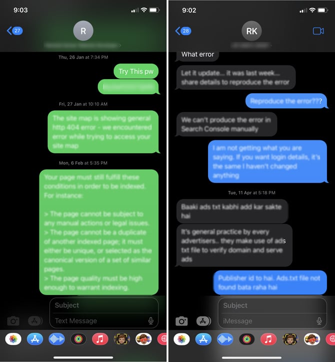 Two screenshots: on the left, you see text messages in green bubbles, and on the right, you see iMessages in blue bubbles.
