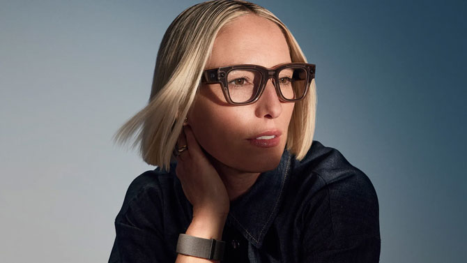 The Meta Ray-Ban Display is shown on a model