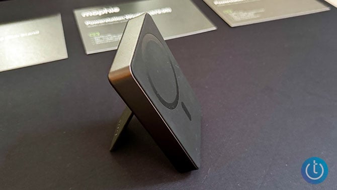 Mophie Powerstation Wireless 10K shown from the side with the kickstand open
