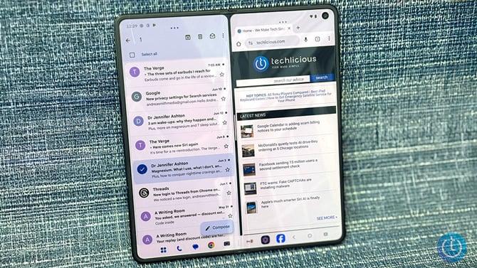 Motorola razr fold 2026 displays email on the left and the Techlicious website on the right.