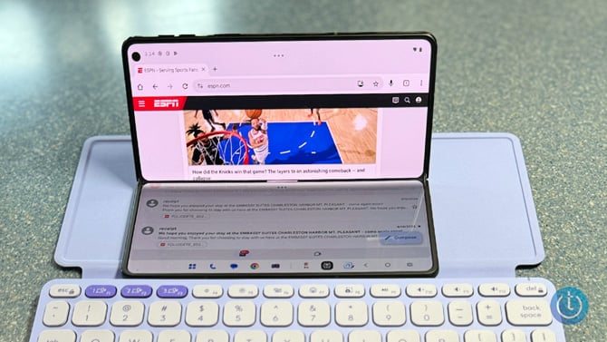 The Motorola razr fold 2026 sits on the Logitech Keys-to-Go 2 keyboard cover.