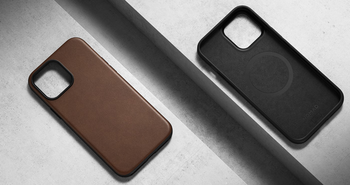 Nomad Modern Leather cast shown on the left in brown and on the right the interior of the brown case.