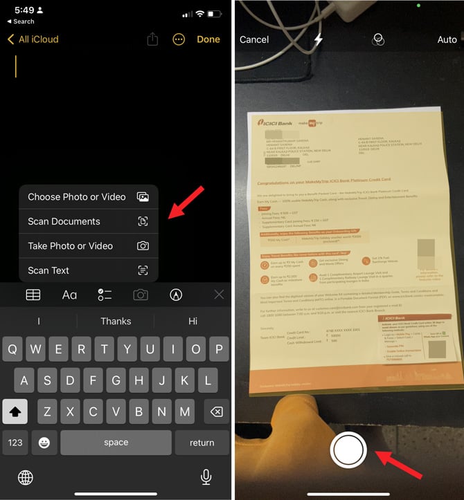 Two screenshots of the Notes app. On the left you see the Camera functions with the option to Scan Documents pointed out. On the right you see a document highlighted in yellow that's ready to scan. 