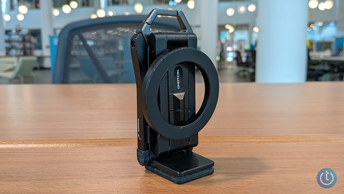 Omoton 360 Rotating MagSafe Tripod Mount is shown folded up