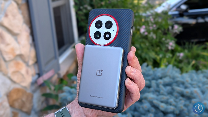 OnePlus Slim Magnetic Power Bank is shown attached to a OnePlus phone