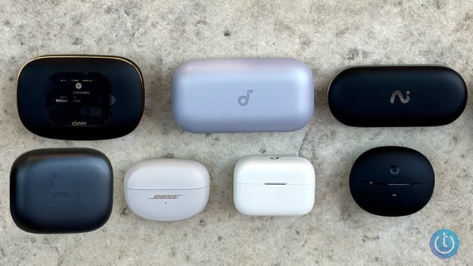 First row: left to right, top row: Cleer ARC 5, Soundcore AeroFit 2 Pro, Viaim Open Note. Second row: left to right, bottom row: UGREEN FitBuds, Bose Ultra Open Earbuds, Soundcore AeroClip, Baseus Bowie MC2