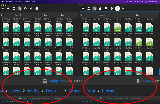 Using OpenMTP app on a Mac to copy files from a Samsung phone.