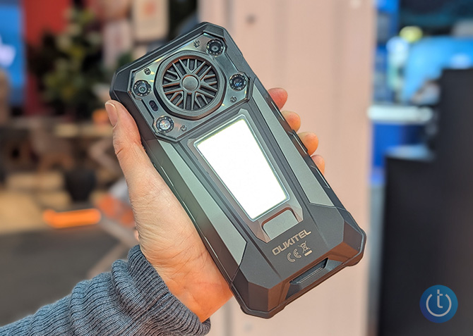 OUKITEL WP63 Rugged Smartphone shown from the back where the flashlight is housed