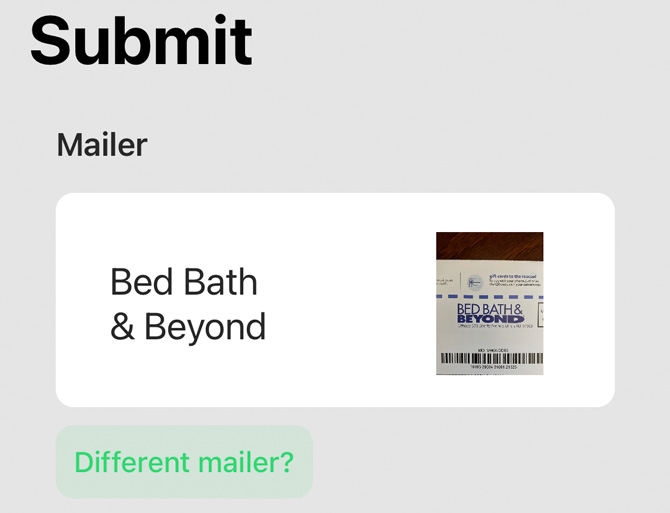 PaperKarma screenshot showing picture of Bed, Bath & Beyond mailer and button under with the words Different mailer?
