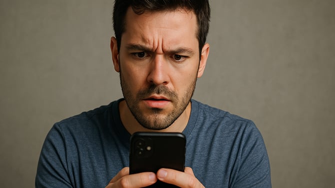 A man looks perplexed at his phone