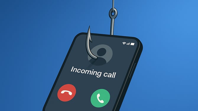 Concept drawing of a phishing call that shows a hook in a phone that is receiving a call.