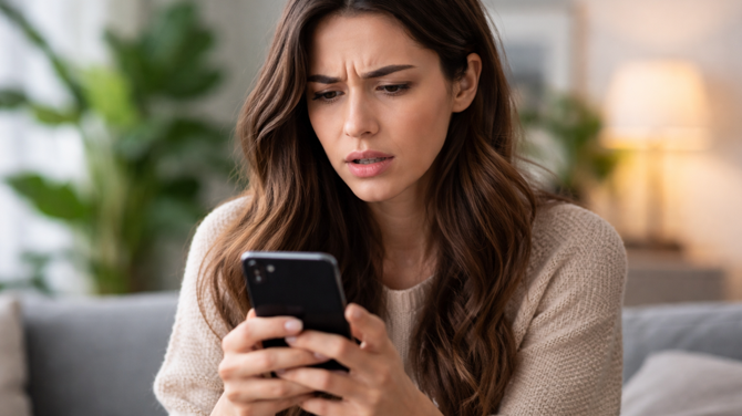 Woman looking surprised by what is on smartphone she's holding