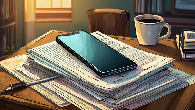 Concept drawing of phone on top of a stack of documents.