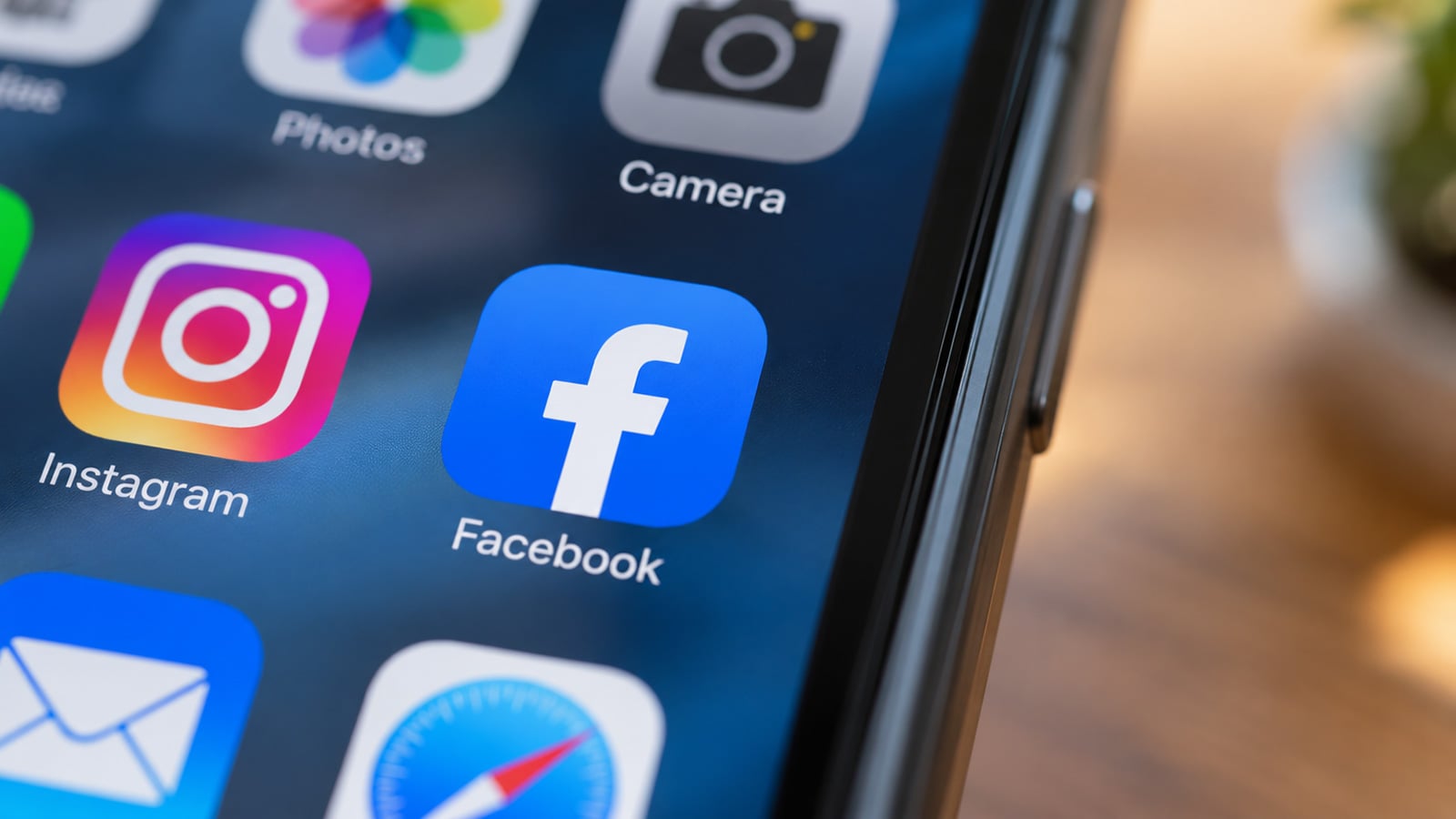 Close-up of a smartphone home screen showing the Facebook app icon prominently, with part of the phone edge and nearby app icons visible.
