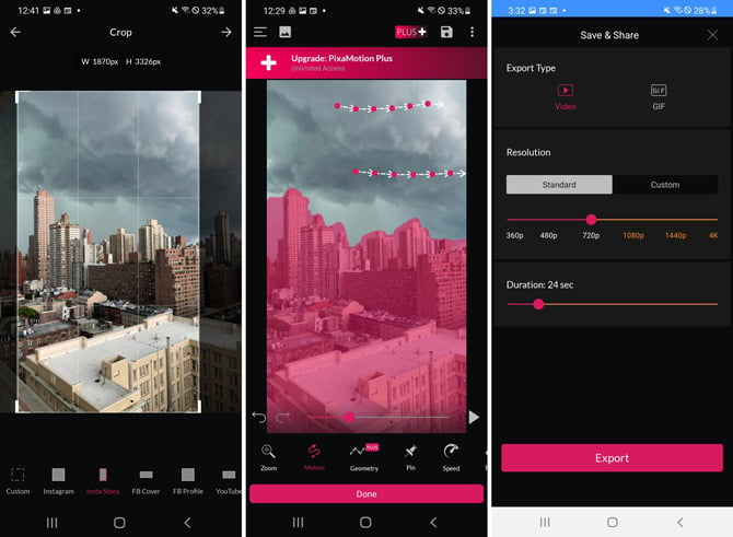 3 screenshots of PixaMotion app. From the left, screenshot 1 cropping image to Insta Story size. Screenshot 2 shows arrow on clouds to animate the clouds and areas colored in pink on buildings to prevent animation. Screenshot 3 shows options to save as video or GIF, resolution from 240p to 4K, and duration, with a save button at the bottom. 