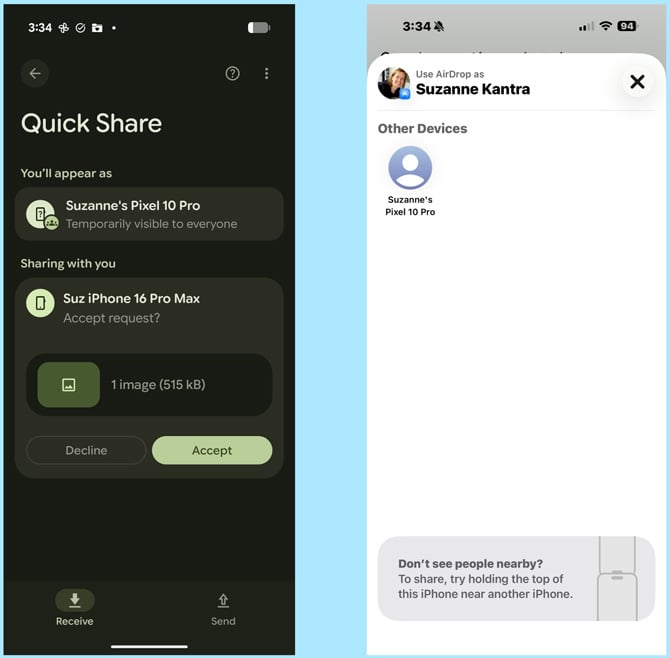 Screenshot on the left shows the quickshare app with the Pixel 10 Pro visible and an iPhone sharing a photo with the option to accpet.