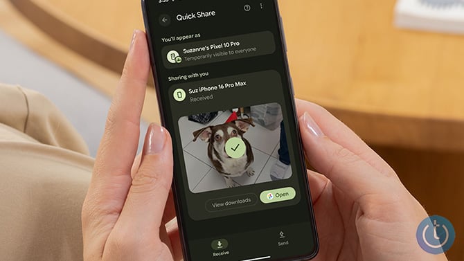 A screenshot shows a photo of a dog sent from an iPhone to a Google Pixel 10 Pro.