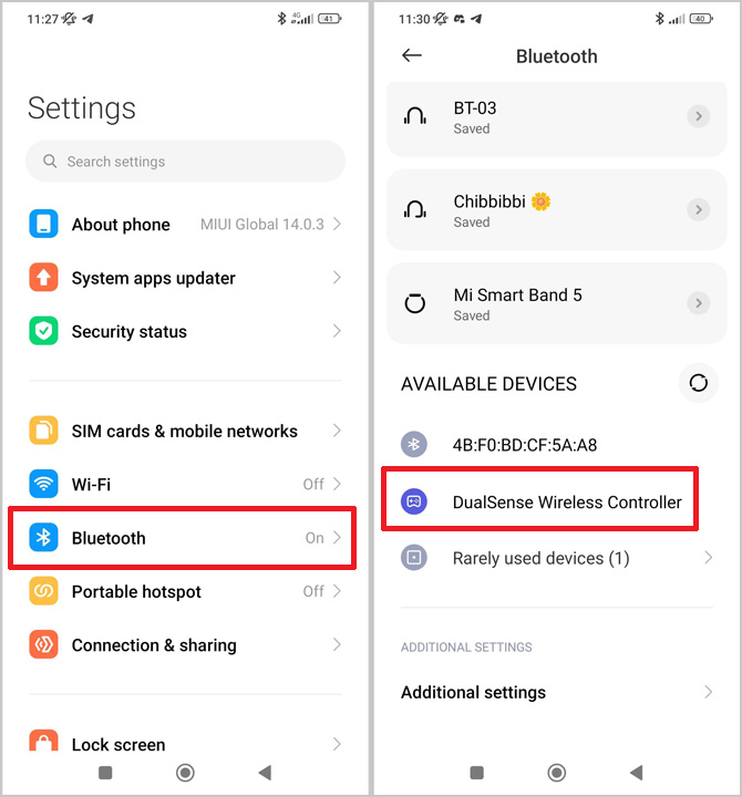 Two screenshots of Android settings. On the left, Bluetooth is highlighted, and on the right, the DualSense Wireless Controller is highlighted.
