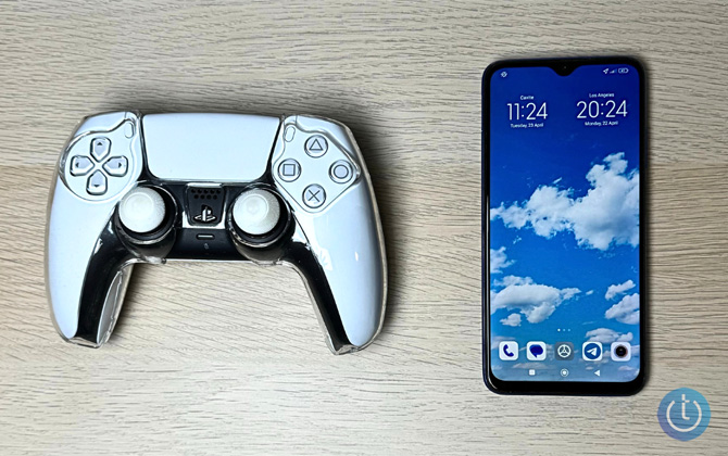 PS5 controller on the left and an Android phone on the right