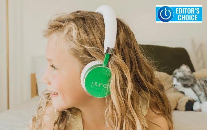 Puro Sound BT2200 sound limiting headphones in green on child. Shown on side profile. Techlicious Editor's Choice award logo in upper right corner.