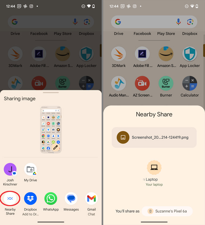 Two screenshots of Android Quick Share feature. On the left you see the sharing button circled in red. On the right, you see file sharing in progress.